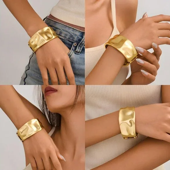 Gold Matte Wide Cuff Bracelet for Women Minimalist Geometric Vintage Jewelry - Picture 4 of 5